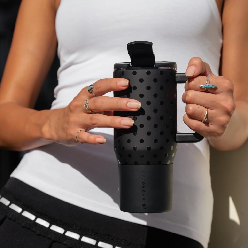 HydroJug Coffee Traveler 20oz Ceramic-Lined Mug with Handle, Noire Satin Double-wall insulated tumbler, hot 6 hrs/cold 12 hrs, leak-resistant, flip-top lid, ambidextrous, BPA-free, dishwasher safe