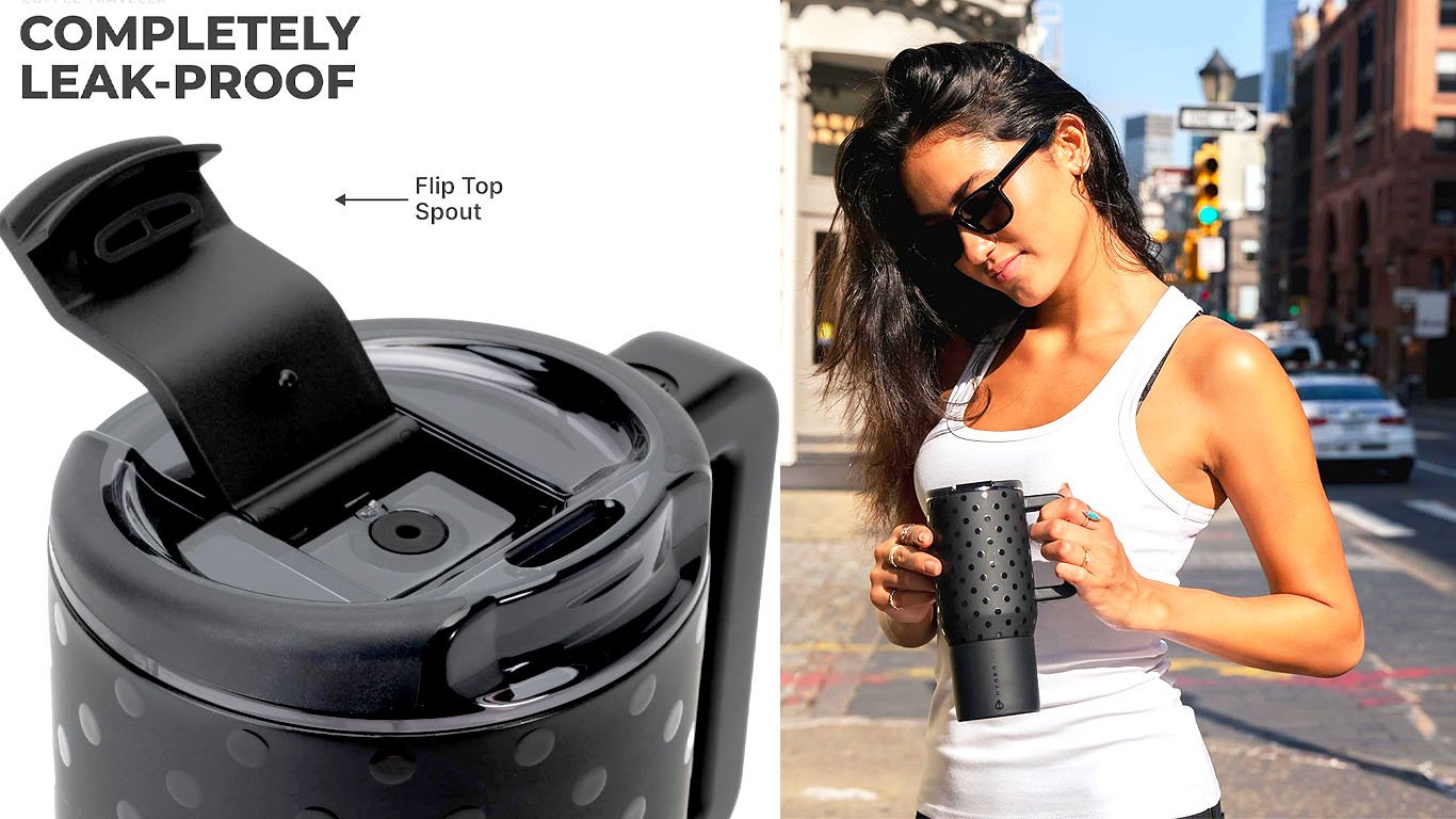 HydroJug Coffee Traveler 20oz Ceramic-Lined Mug with Handle, Noire Satin